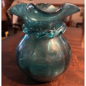 Vintage Hand Blown Teal Aqua Glass Vase - Ruffled Rim - Applied Rigaree - Pontil